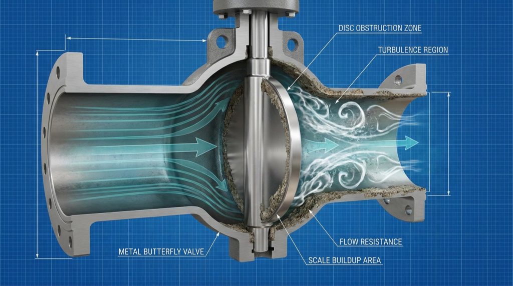 Butterfly valve internal disc obstruction and turbulence zones illustrating factors that increase flow resistance