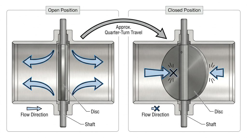 Simplified diagram showing a butterfly valve disc aligned with the pipe in open position and turned across the bore in closed position.