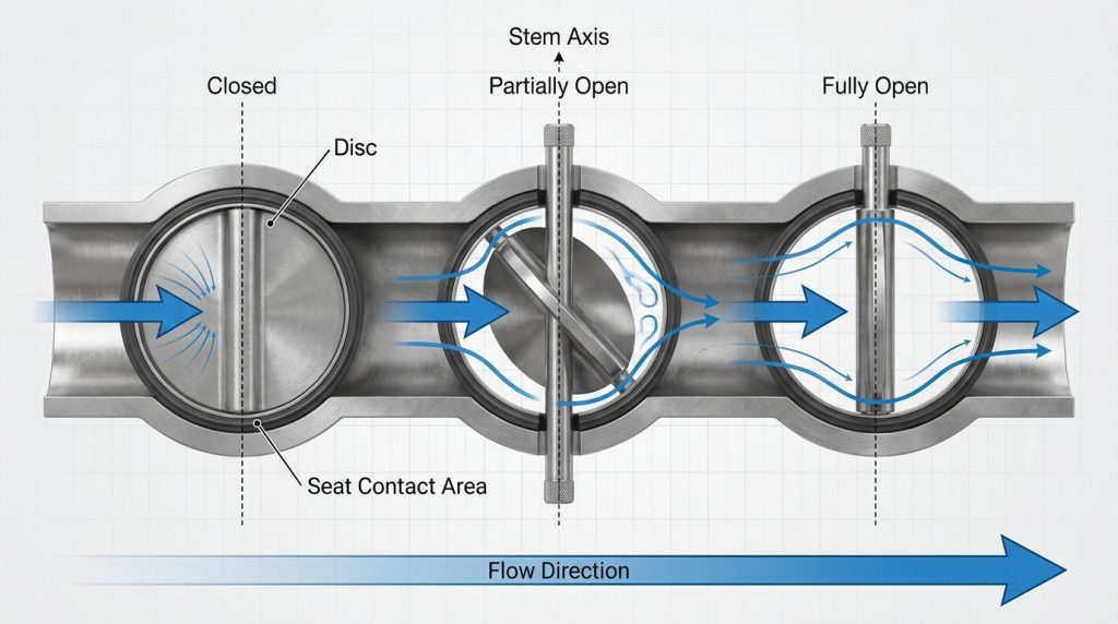 Simplified technical diagram showing a butterfly valve disc rotating from closed to open inside a pipe bore.