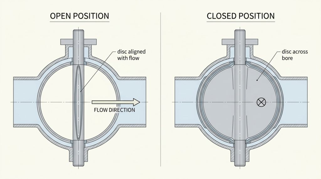 Technical diagram showing a butterfly valve disc rotating 90 degrees from fully open to fully closed inside the pipe