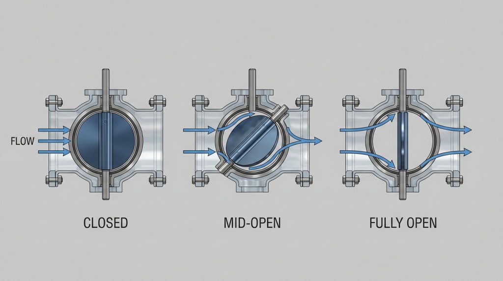 Technical diagram showing butterfly valve disc opening angle and flow path through a large pipeline