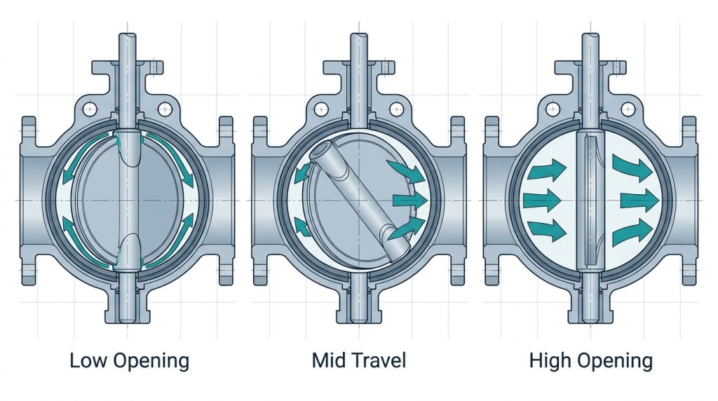Butterfly valve disc at low, mid, and high opening angles showing how the flow path changes through the valve body.