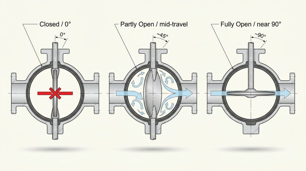 Technical diagram showing butterfly valve disc positions from closed to partly open to fully open and how flow area changes.