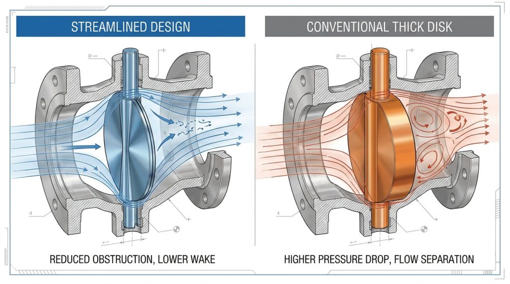 Cutaway view of butterfly valve disks comparing streamlined and thicker profiles with different fluid flow paths around the disk.