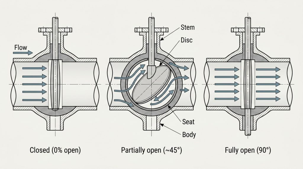 Butterfly valve disc rotating from closed to open position showing flow obstruction inside pipeline