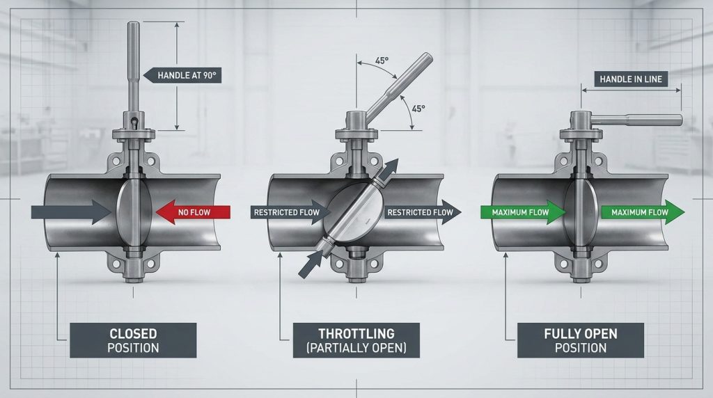 Technical illustration showing a butterfly valve disc rotating between closed, partially open, and fully open positions with the corresponding handle orientations and fluid path changes.