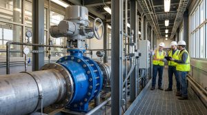 Throttle butterfly valve for industrial flow control performance installed in a large pipeline system with engineers inspecting equipment in a modern water treatment facility