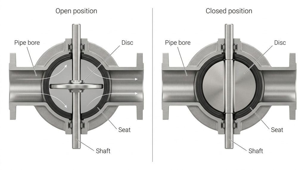 Cross-section style view showing a butterfly valve disc rotating inside the pipe bore and sealing against the seat in the closed position.
