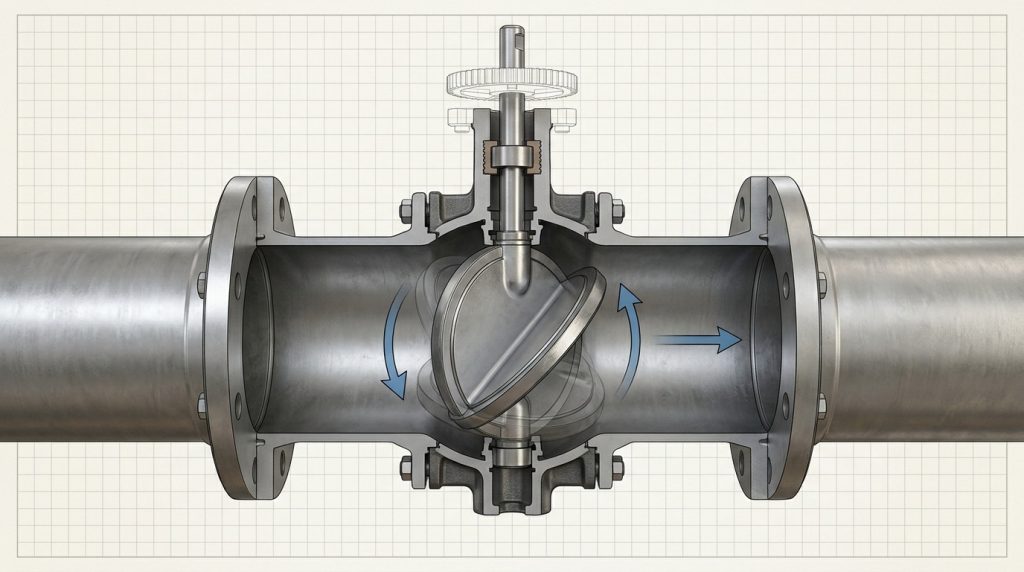 Diagram showing butterfly valve disc rotation, stem connection, and flow control positions inside a pipeline system