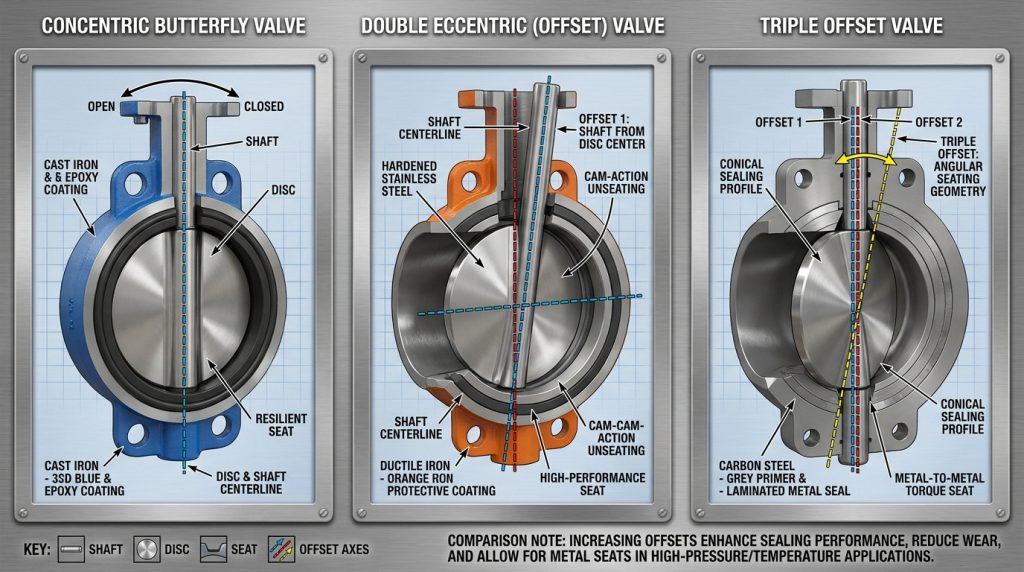 Comparison of concentric, double eccentric, and triple offset butterfly valve disc configurations for flow control