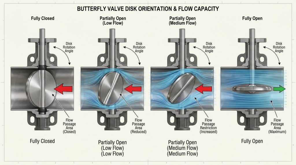 Technical illustration showing how a butterfly valve disk opening angle changes the internal flow passage and affects the butterfly valve cv curve behavior.