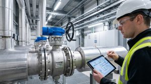 Photorealistic industrial piping system showing a butterfly valve drawing concept through a real butterfly valve installed on a process pipeline, with engineers reviewing technical documentation in a modern plant environment.