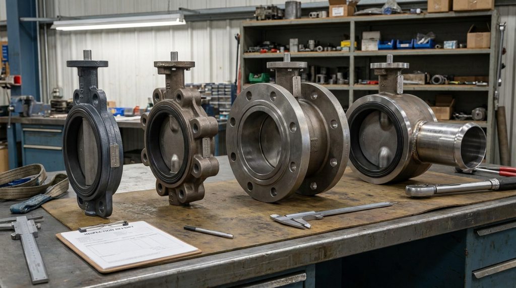 Several industrial butterfly valve end connection styles displayed on a workshop inspection bench, including wafer, lug, double-flanged, and butt-welding end designs.