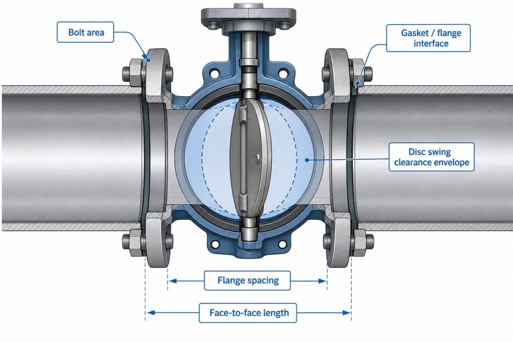 Technical diagram showing butterfly valve face-to-face length, flange spacing, bolt area, and disc swing clearance inside the pipe bore.