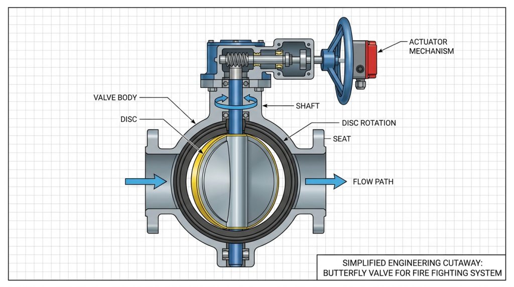 butterfly valve components inside a fire protection valve assembly showing the body, disc, shaft, seat, actuator mechanism, and flow path relationship