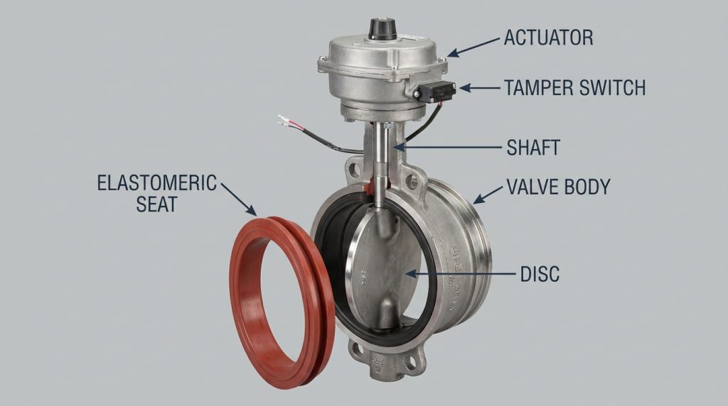 Exploded technical view of a butterfly valve fire protection assembly showing the valve body, rotating disc, shaft, elastomeric seat, actuator, and tamper monitoring components in a simplified engineering layout.