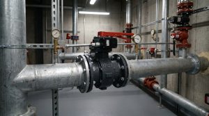 Photorealistic butterfly valve fire protection system installed in a commercial building sprinkler pipeline room, showing a compact fire protection butterfly valve connected to industrial piping and monitoring equipment in a realistic emergency safety infrastructure setting.