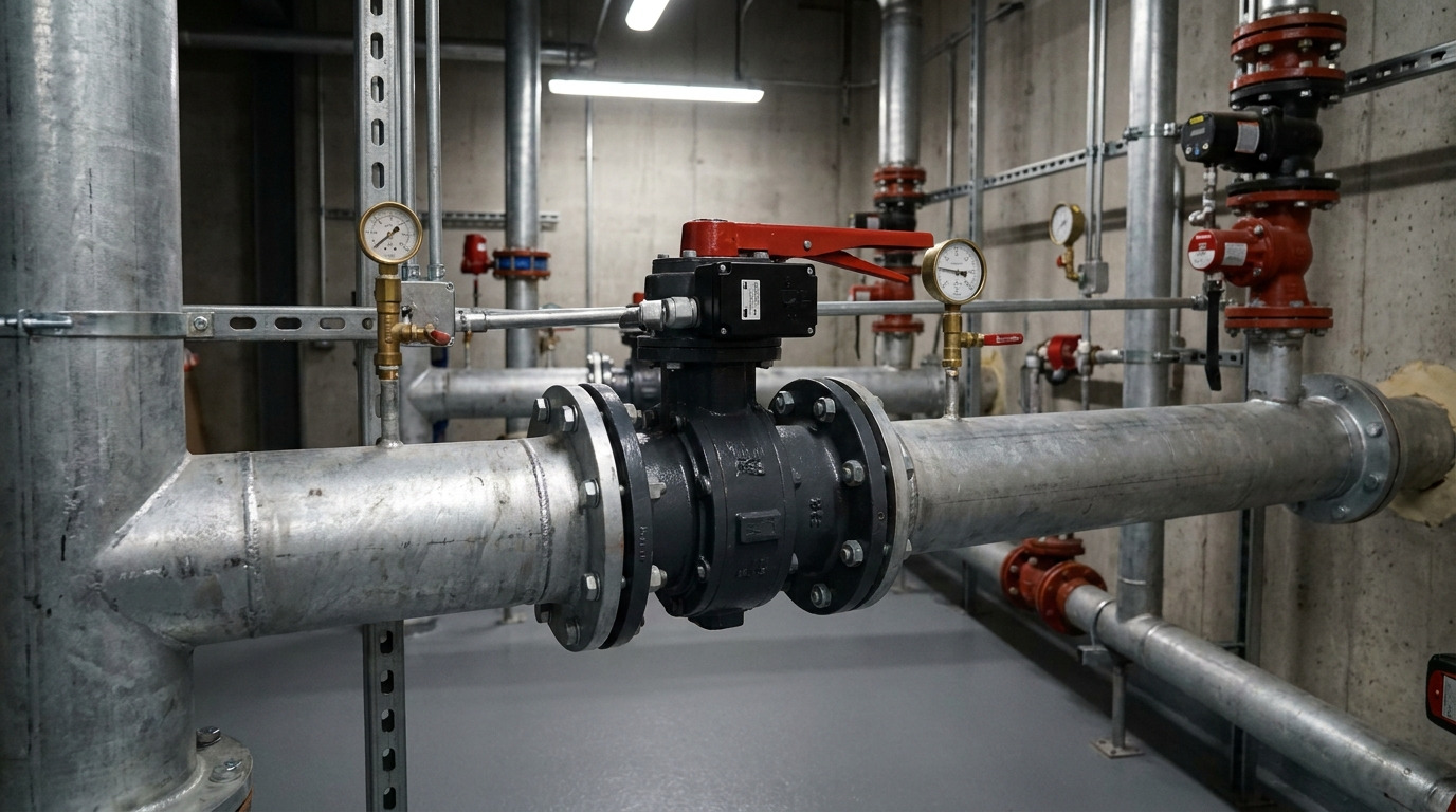 Photorealistic butterfly valve fire protection system installed in a commercial building sprinkler pipeline room, showing a compact fire protection butterfly valve connected to industrial piping and monitoring equipment in a realistic emergency safety infrastructure setting.