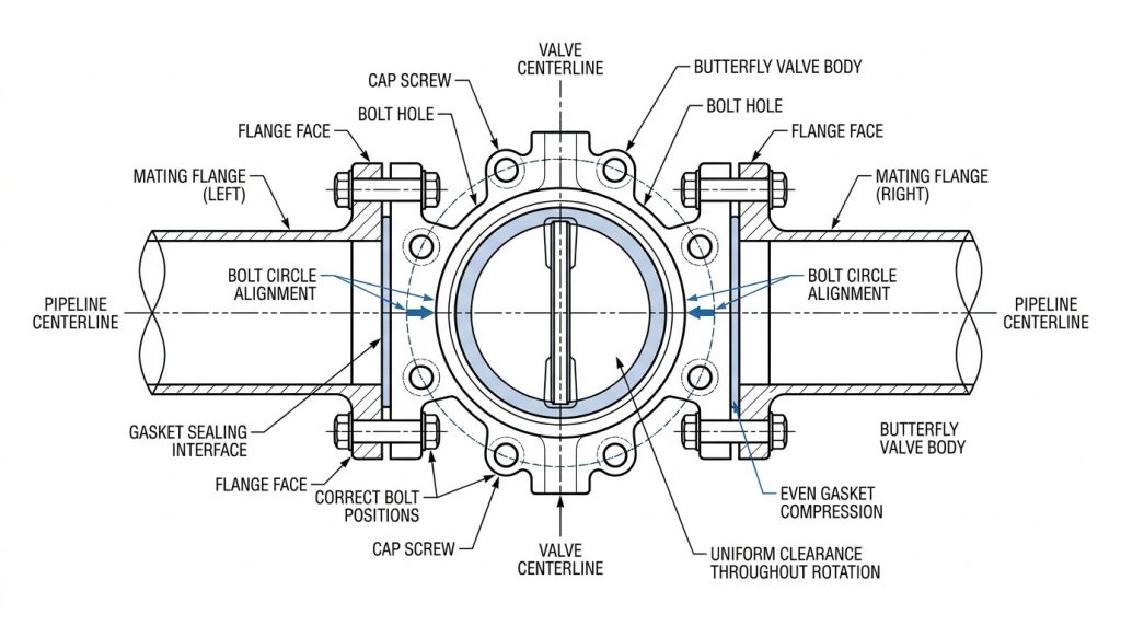 Technical illustration showing a butterfly valve centered between two mating flanges, with bolt-hole alignment, concentric positioning, bolt circle, and tightening interfaces labeled to explain correct installation geometry.