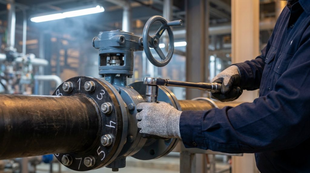 Technician tightening butterfly valve flange bolts in a cross pattern with the disc positioned slightly open