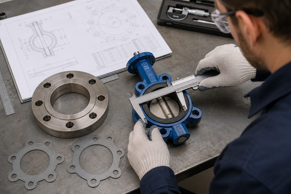 Technician checking butterfly valve flange bolt pattern and face-to-face fit against a valve drawing.
