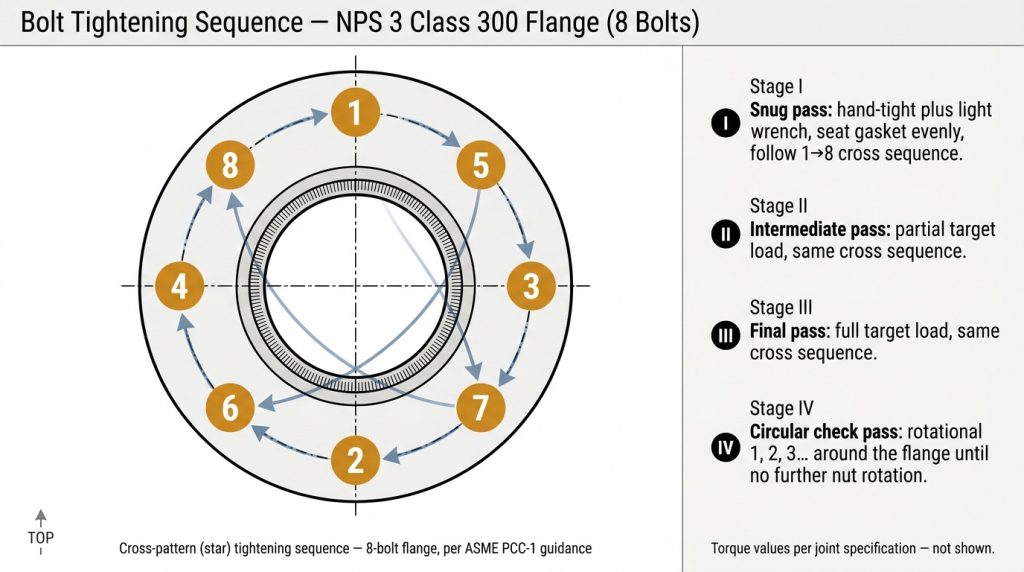 Cross-pattern bolt tightening sequence on a 3 inch butterfly valve flange joint with numbered passes