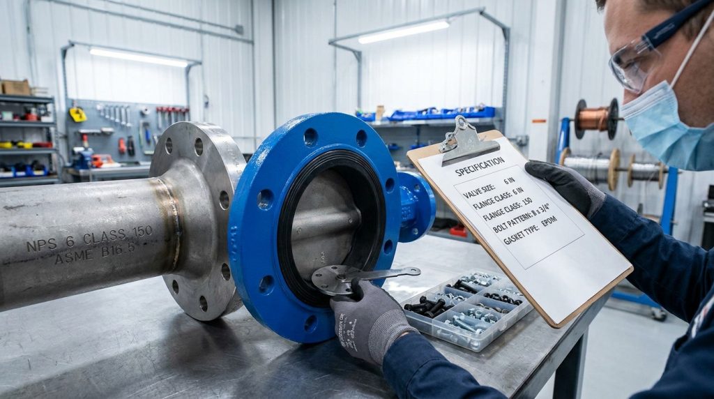 Technician checking flange class, NPS marking, and bolt hole alignment before selecting bolts for a butterfly valve.