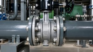 butterfly valve flange connection installed in an industrial piping system with a valve body, pipe flanges, and maintenance access environment showing a realistic flow control application