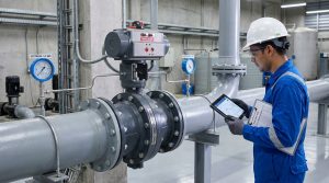 Engineer reviewing butterfly valve flow characteristics beside an automated butterfly valve installed in an industrial water pipeline.