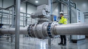 Butterfly valve flow characteristics in industrial pipeline control systems showing a realistic butterfly valve installed in a process line with operators monitoring fluid control equipment.