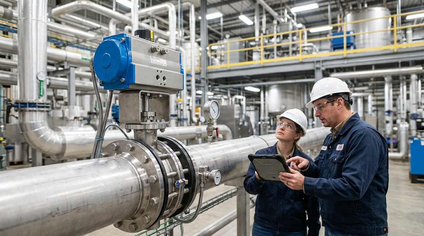 Photorealistic industrial piping system showing a butterfly valve in operation, representing flow characteristics of a butterfly valve with engineers inspecting a fluid control installation in a modern processing facility.