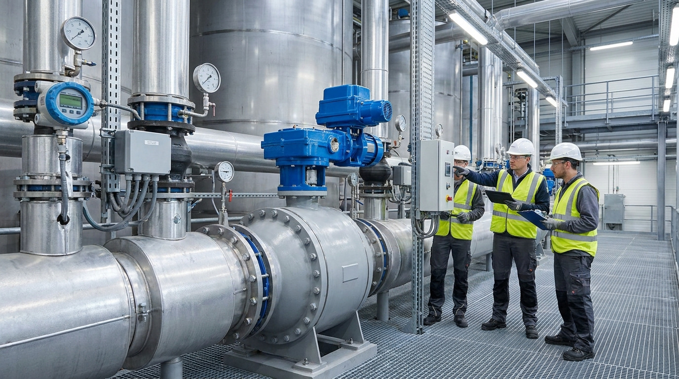 Industrial butterfly valve flow curve analysis showing a butterfly valve installed in a process pipeline with engineers reviewing fluid control performance in a modern industrial facility