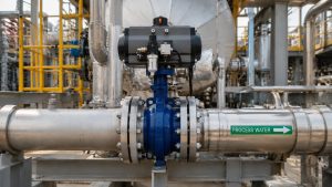 Butterfly valve flow direction in an industrial piping system showing a butterfly valve installed in a process line with actuator, flanges, and surrounding plant equipment.