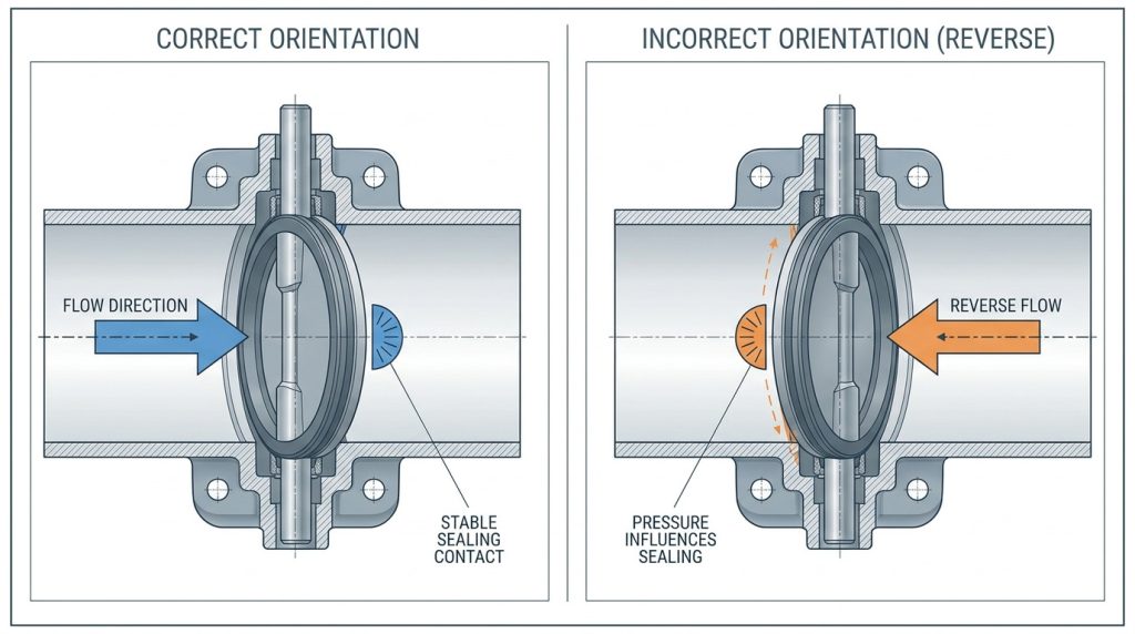 Technical illustration showing correct and incorrect flow direction orientation for a butterfly valve, with directional markings and sealing behavior differences explained through simplified valve positioning.