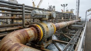 Butterfly valve gas technology installed in a large industrial pipeline system at an offshore energy facility, showing a realistic quarter-turn valve assembly, connected piping, and harsh operating environment.