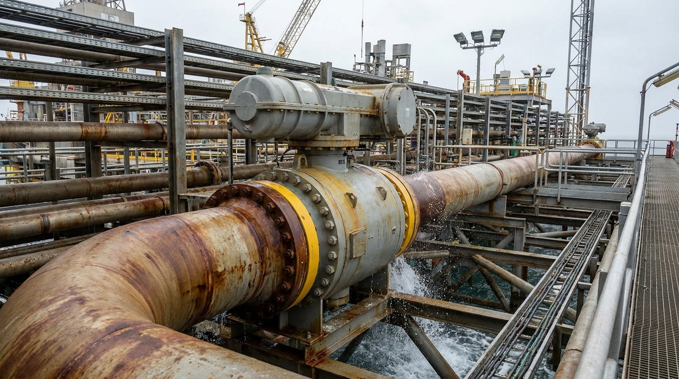 Butterfly valve gas technology installed in a large industrial pipeline system at an offshore energy facility, showing a realistic quarter-turn valve assembly, connected piping, and harsh operating environment.