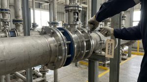 butterfly valve gasket installed in an industrial pipeline system with flanged connections, showing a realistic valve assembly in a process plant environment during inspection and maintenance planning