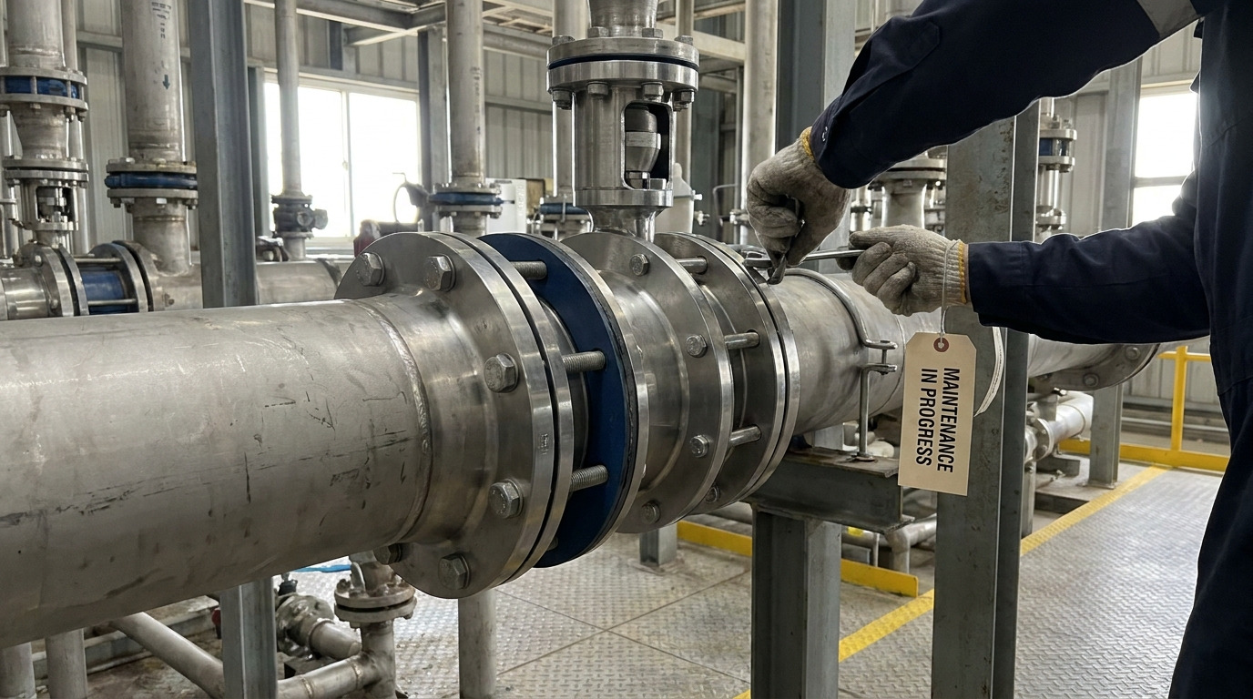 butterfly valve gasket installed in an industrial pipeline system with flanged connections, showing a realistic valve assembly in a process plant environment during inspection and maintenance planning