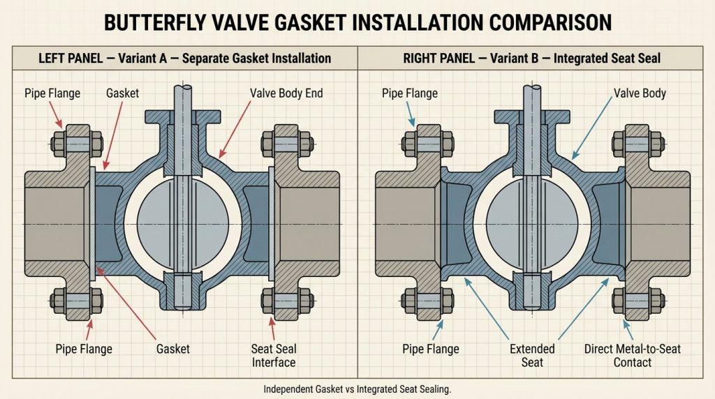 butterfly valve installation with flange connection components, showing valve body, pipe flanges, gasket position and bolt arrangement during assembly inspection