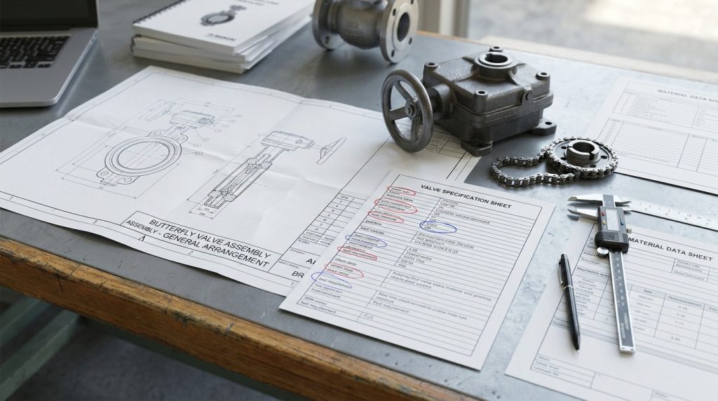 Specification review desk with butterfly valve drawing, gearbox, chain wheel, and material data sheet being checked together.