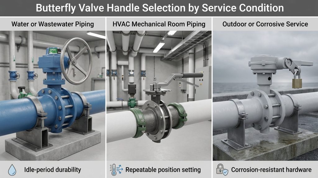 Comparison of butterfly valve handle choices across water treatment, HVAC, and outdoor service conditions