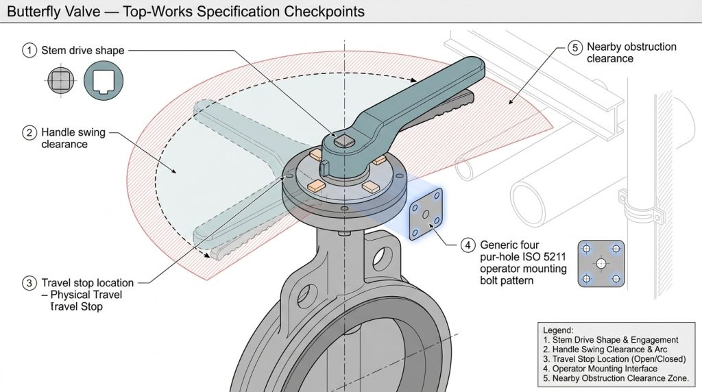 Butterfly valve drawing checklist showing handle clearance, stem interface, travel stops, and mounting interface