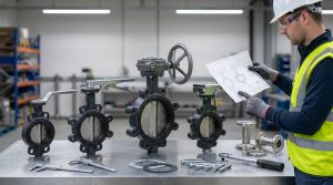 Engineer selecting butterfly valve handles for lever, gearbox, and lockable operator options in an industrial piping workshop