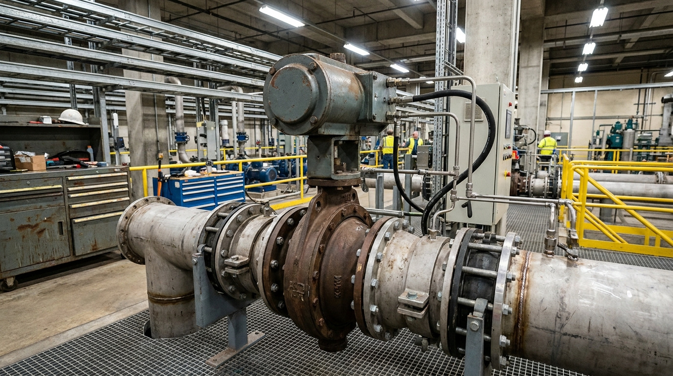 Photorealistic butterfly valve hydraulic actuator installed on an industrial pipeline system, showing the actuator mounted on a butterfly valve in a real plant environment with piping, control equipment, and maintenance access areas.