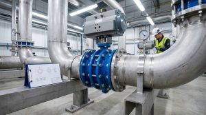 Parts of a butterfly valve shown in an industrial flow control installation with a complete valve assembly, piping connections, and operating environment.
