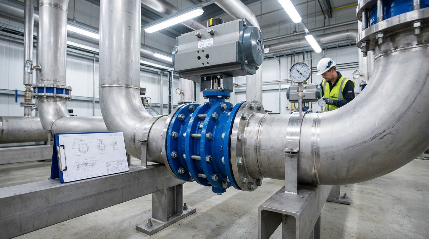 Parts of a butterfly valve shown in an industrial flow control installation with a complete valve assembly, piping connections, and operating environment.