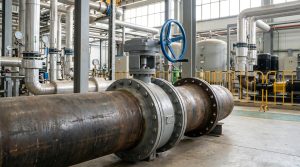 what is a butterfly valve used for in industrial flow control systems, showing a butterfly valve installed in a process pipeline environment with actuator, flanges, and surrounding equipment