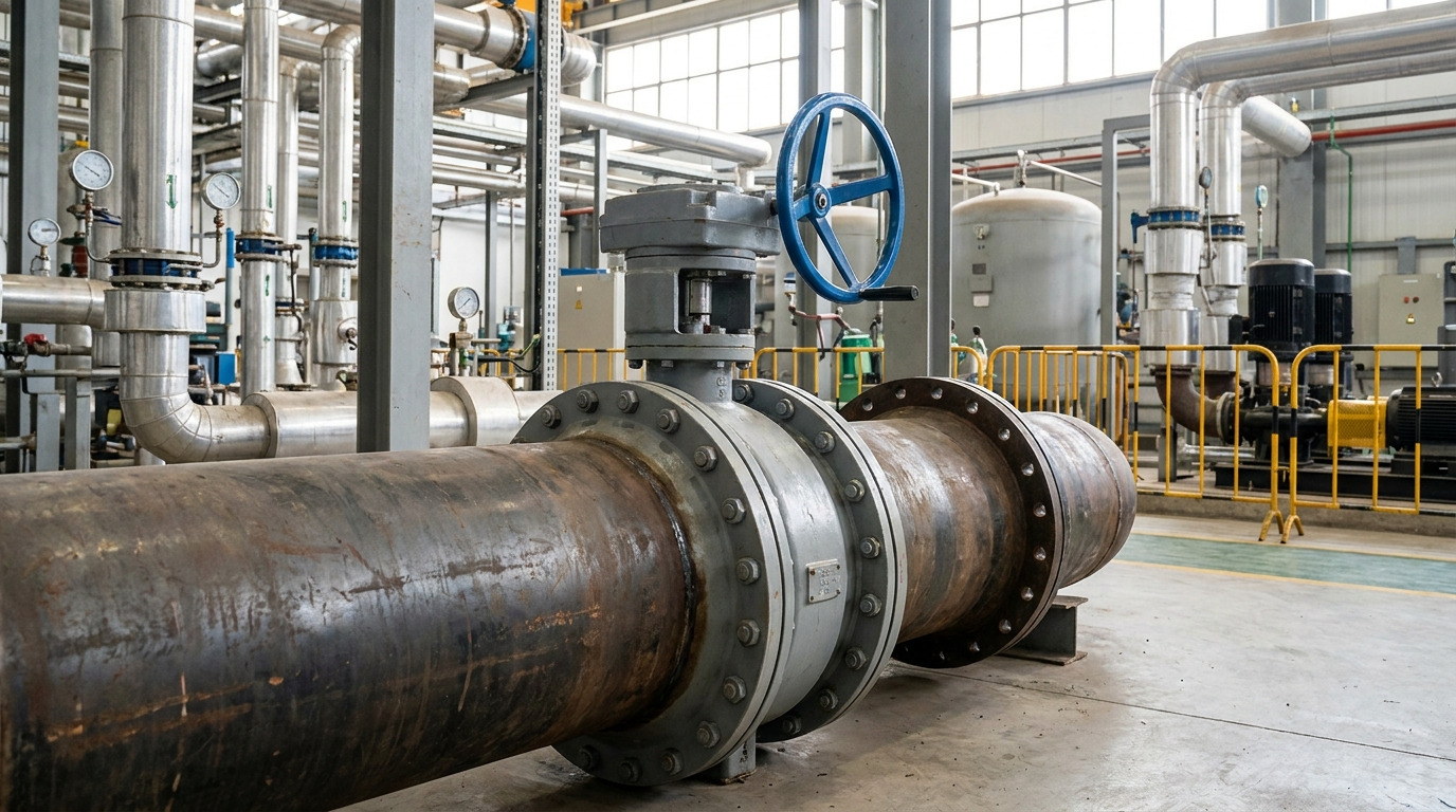 what is a butterfly valve used for in industrial flow control systems, showing a butterfly valve installed in a process pipeline environment with actuator, flanges, and surrounding equipment