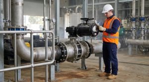 Photorealistic industrial piping scene showing a technician inspecting an installed butterfly valve, illustrating what is butterfly valve in real service conditions.