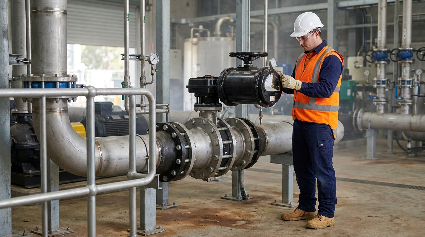 Photorealistic industrial piping scene showing a technician inspecting an installed butterfly valve, illustrating what is butterfly valve in real service conditions.